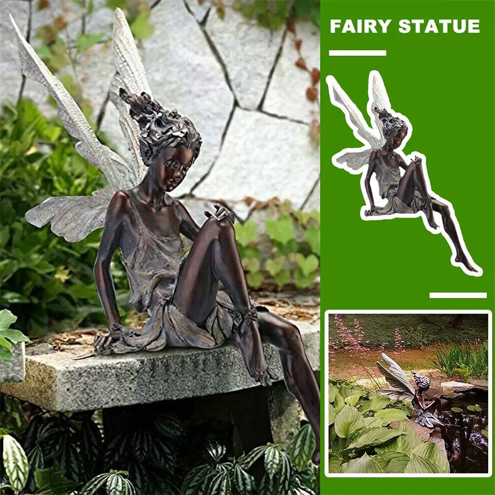 statue fée assise bronze gris vert texture rugueuse ailes ajourées fantastique decoratif jardinextérieur résistante