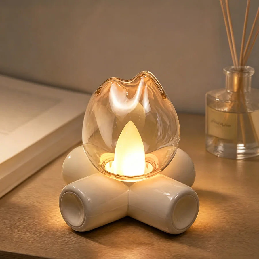 lampe led rechargeable effet flamme veilleuse moderne transparente base bois ambiance chambre portable camping