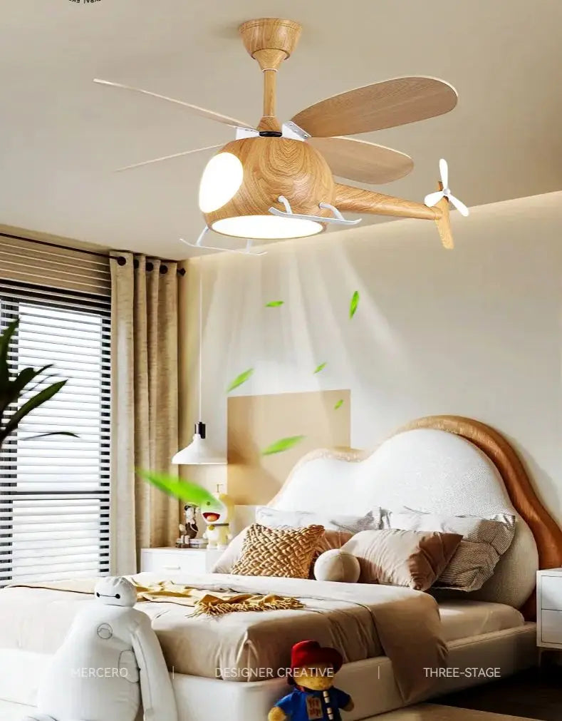 ventilateur intelligent enfants bois lumières led hélicoptère moderne télécommande
