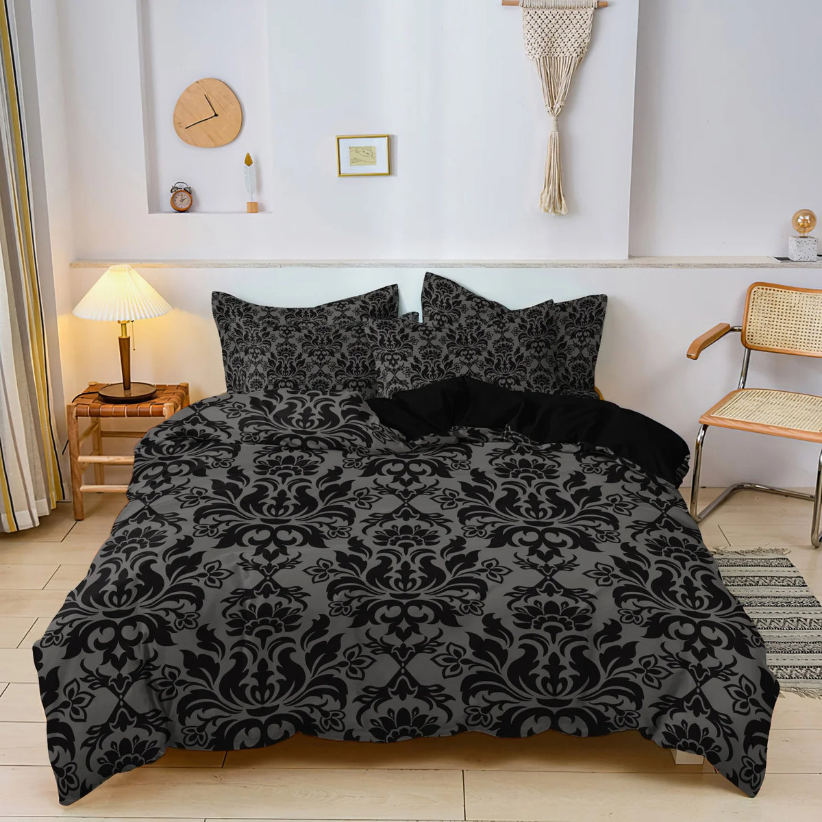 ensemble literie moderne pièces noir gris motifs floraux complexe satiné gothique