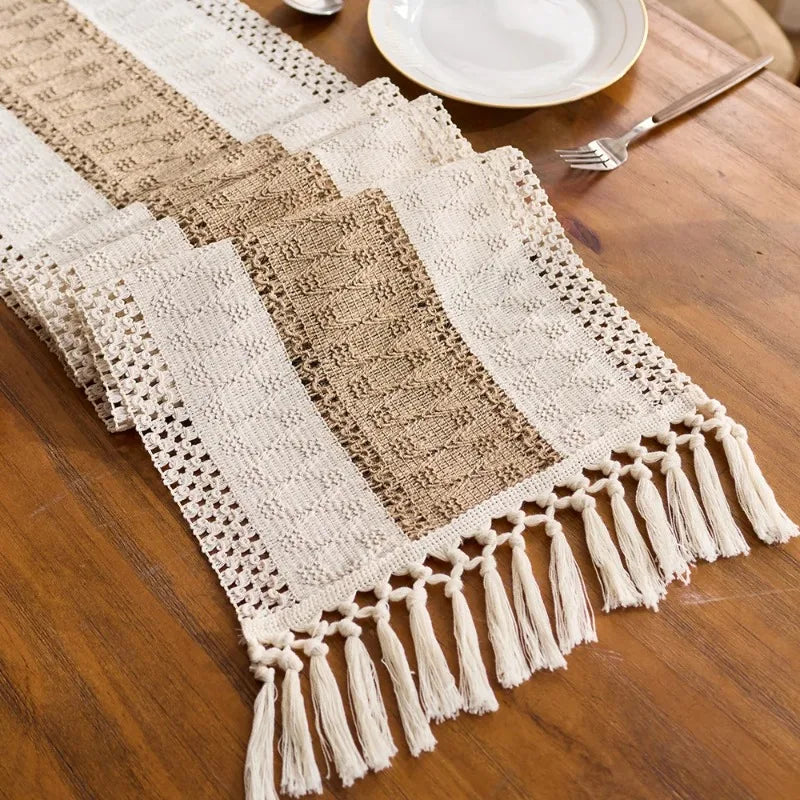 chemin table tressé rustique bohème beige marron blanc franges noel halloween pâques