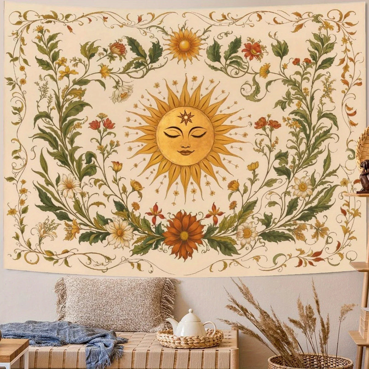 tapisserie florale imprimée bohème vintage rectangle couleurs chaudes solaire détaillée