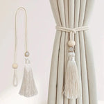 attaches rideau tassel bois moderne élégant franges anneaux chanvre uni beigeclair