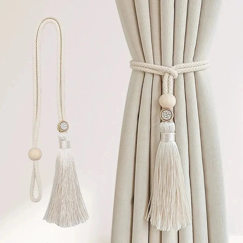 attaches rideau tassel bois moderne élégant franges anneaux chanvre uni beigeclair