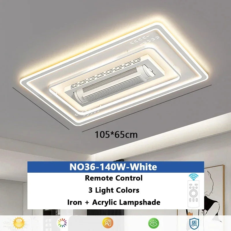 ventilateur lumière led télécommande moderne blanc arrondi fixations invisibles chambre salon