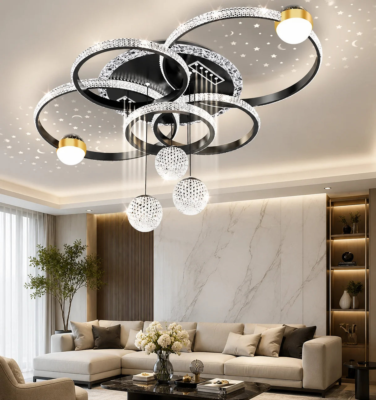 lampe suspendue moderne noire dorée blanche strass étoiles led chambre restaurant villa