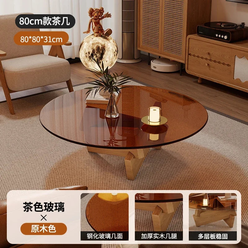 table basse moderne transparente bois marron clair plateau 70cm hauteur 31cm minimalistes