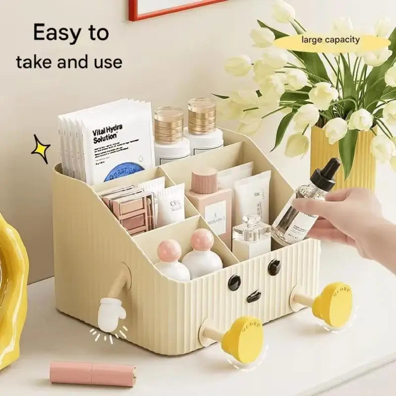 boîte rangement maquillage moderne poignées amovibles rayures verticales beige clair produits soins peau brosse