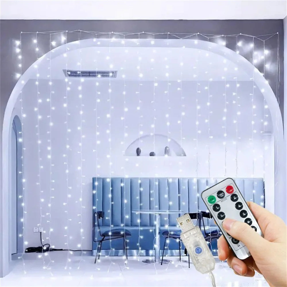 rideau lumineux led blanc décoration chambre mariage noël télécommande usb 3x3m 300 leds