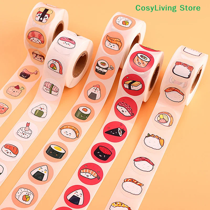 stickers adhésifs sushi cartoon visage couleurs diverses blanc rouge noir vert orange jaune rose