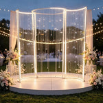 structure décorative arche cristal argenté blanc élégante festivité romantique supports chaînes tissu semi transparent