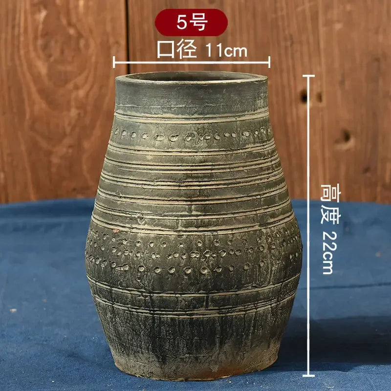 vase chinois céramique rayures ethniques fleurs artificielles vert bleu marron gris salon decoration