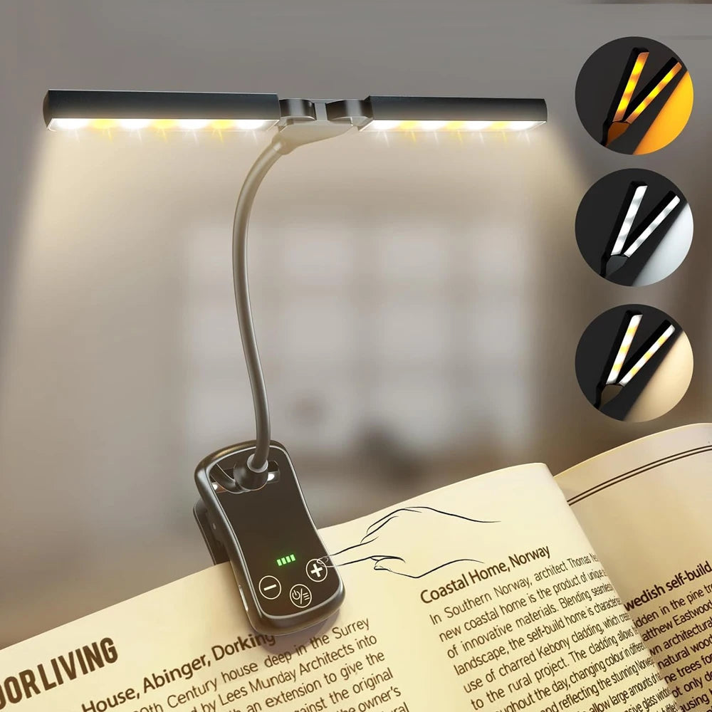 lampe lecture rechargeable 14 led clip noir ajustable couleurs niveaux brightness moderne