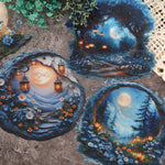 sticker mural paysage nocturne lune arbres fleurs transparent adhésif bleu blanc orange vert