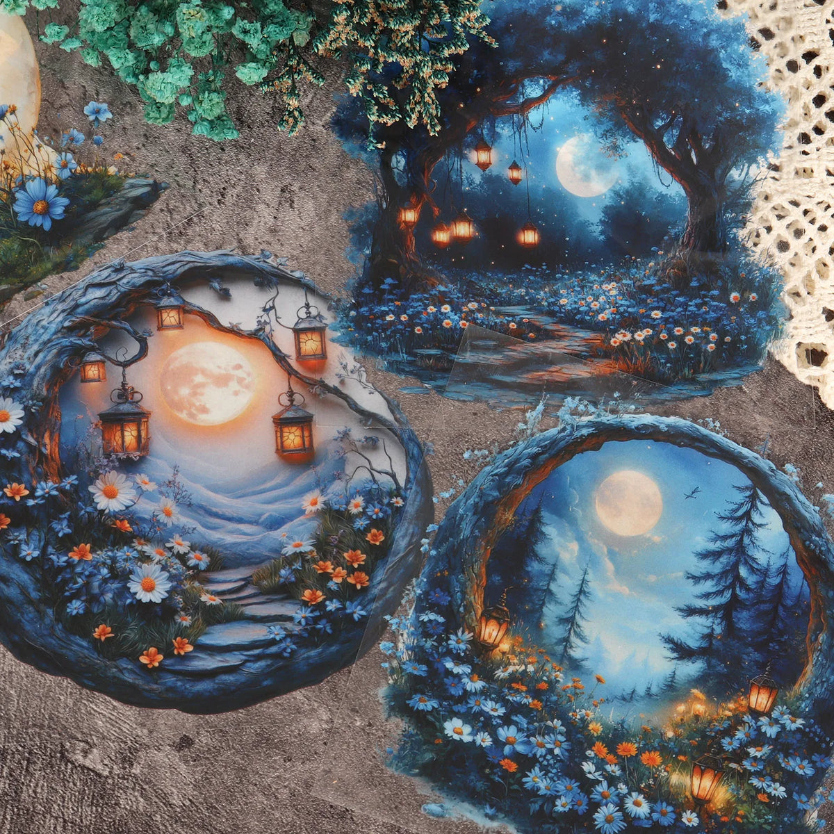 sticker mural paysage nocturne lune arbres fleurs transparent adhésif bleu blanc orange vert