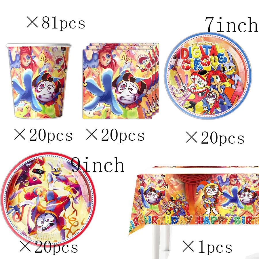 ensemble décoration anniversaire cirque numérique vaisselle papier assiettes gobelets serviettes nappe décorations multicolores