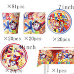 ensemble décoration anniversaire cirque numérique vaisselle papier assiettes gobelets serviettes nappe décorations multicolores