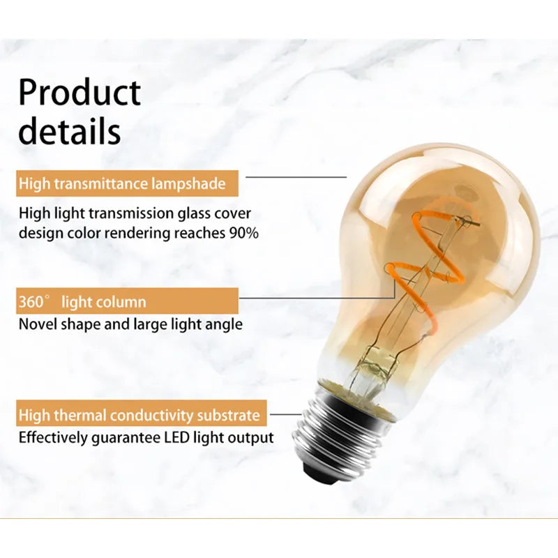 ampoules led spirale dorée retro translucides 2200k e27 4w 220v a60 c35 t45 st64