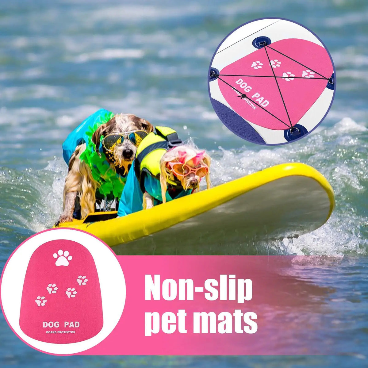protège planche chien motif pattes rose gris clips antidérapants sécurité nautique paddleboard activités sportives