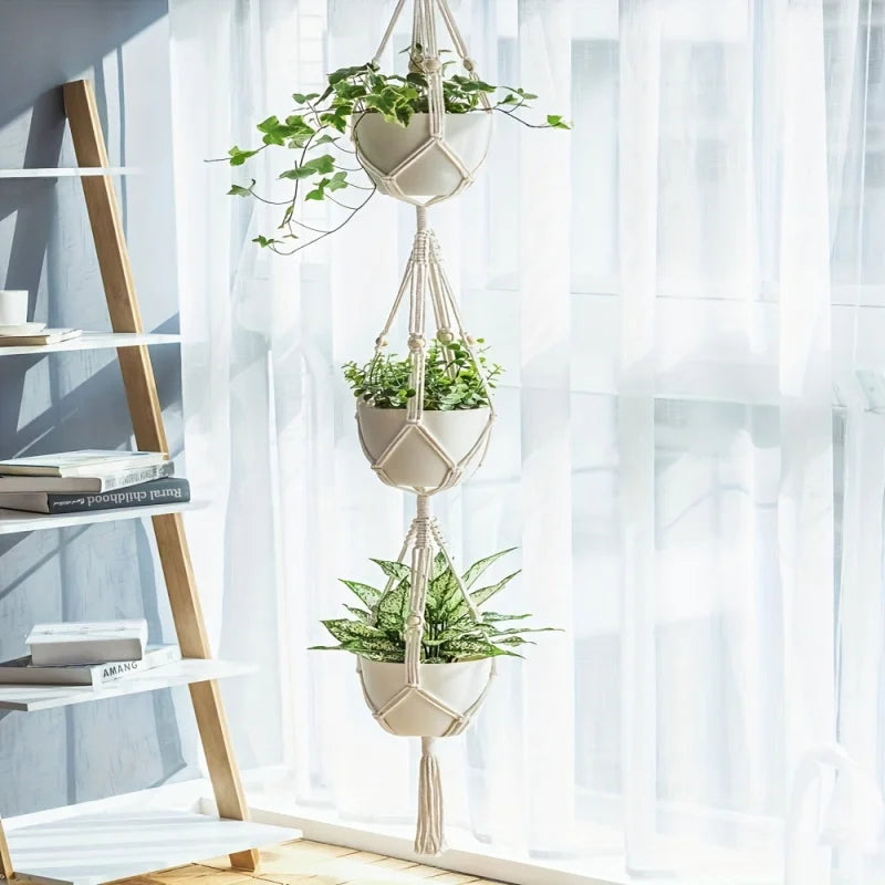 pendant plante macramé suspendu bohème pots blancs corde coton 180cm extérieurintérieur