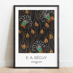 Une œuvre abstraite aux motifs floraux stylisés en noir, orange et vert, créée par l'artiste français E.A. Séguy.