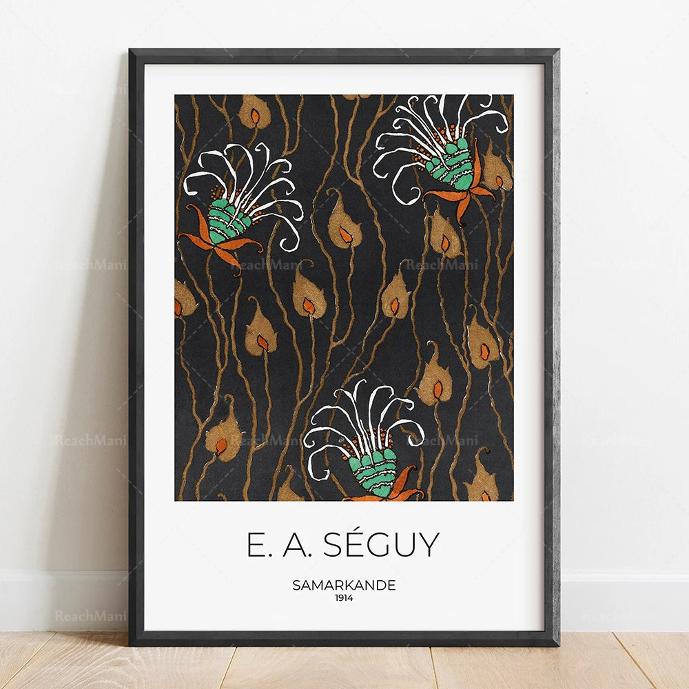 Une œuvre abstraite aux motifs floraux stylisés en noir, orange et vert, créée par l'artiste français E.A. Séguy.