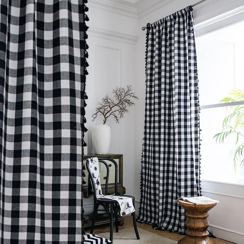 rideau noir blanc carreaux géométriques opacité classique décoration intérieure maison hospitalité polyester