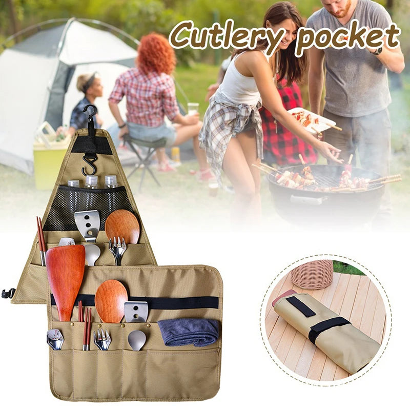 sac outils cuisine suspendu beige toile épaisse couteaux fourchettes cuillères éponge serviette camping barbecue