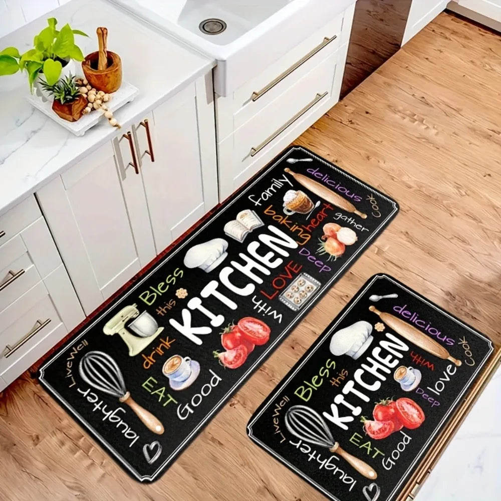 tapis moderne cuisine fruits légumes noir blanc salon décoration joyeuse ustensiles kitchen thèmes