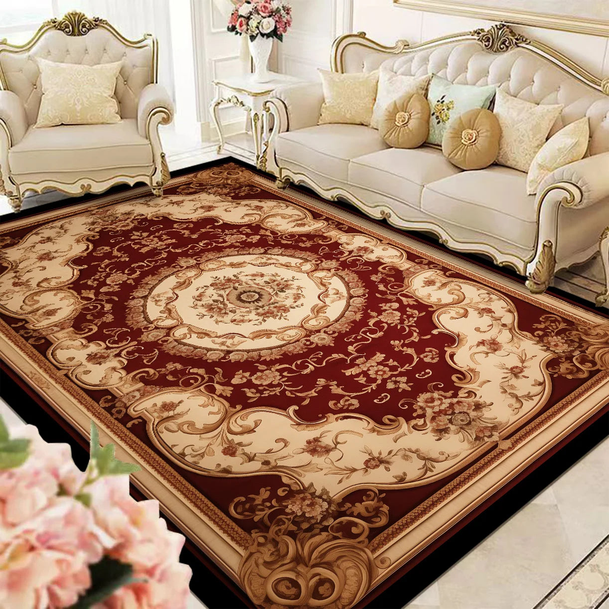 Somptueux tapis persan rouge et beige ornementé de motifs floraux et végétaux délicatement entrelacés, reposant sur un salon de style classique avec de luxueux fauteuils et canapés rembourrés.