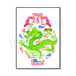 Une image d'un dragon chinois coloré et décoratif dans un cadre ornemental.