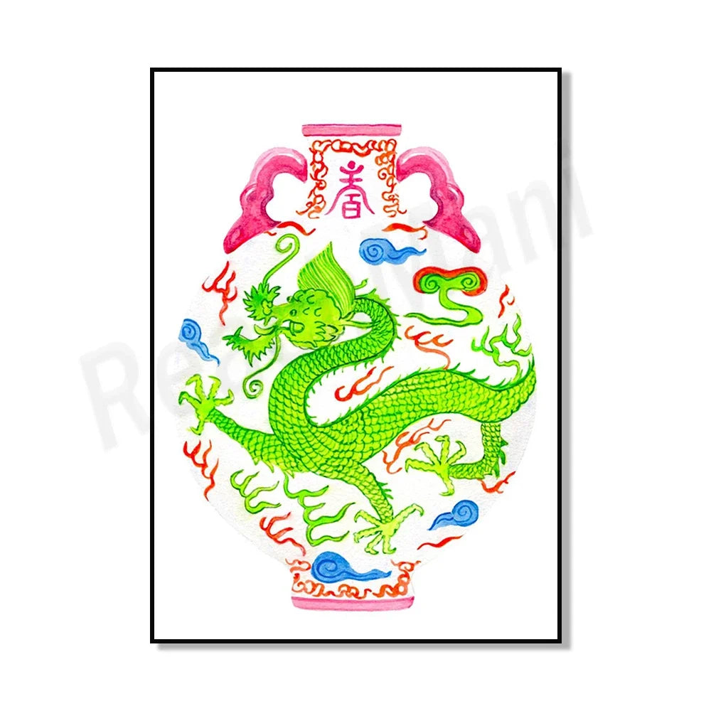 Une image d'un dragon chinois coloré et décoratif dans un cadre ornemental.