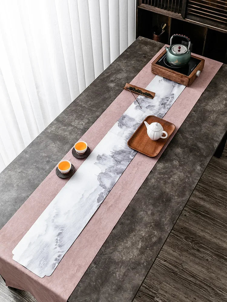 chinois moderne chemin table fleurs blanches vert bleu marine gris rose pâle polyester coton