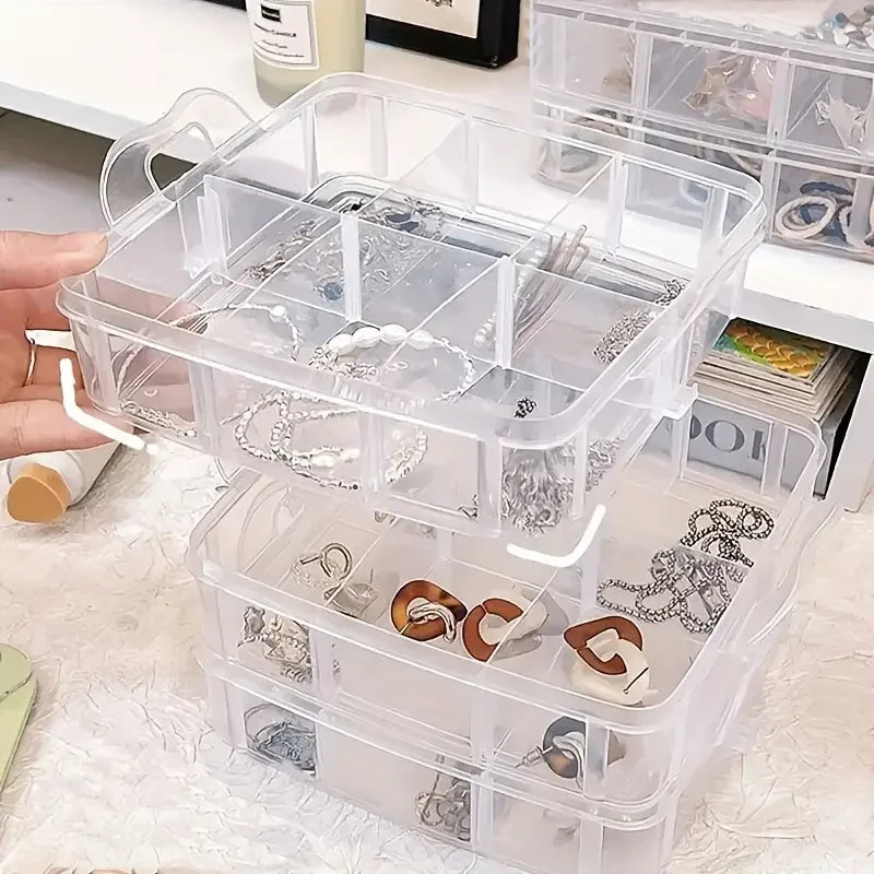 boîte rangement bijoux transparente pratique moderne poignée réutilisable compartiments plastique