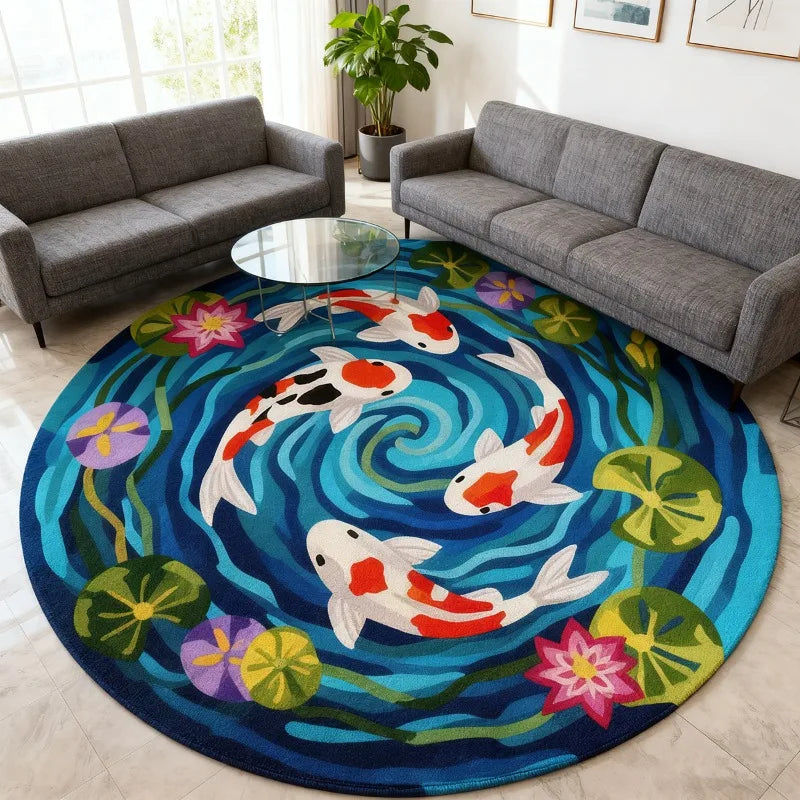 tapis rond coloré poissons koi fleurs lotus moderne antidérapant imperméable salon chambre bleu blanc