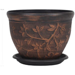 pots fleurs noirs classiques gravures feuilles fleurs plateau drainage visible