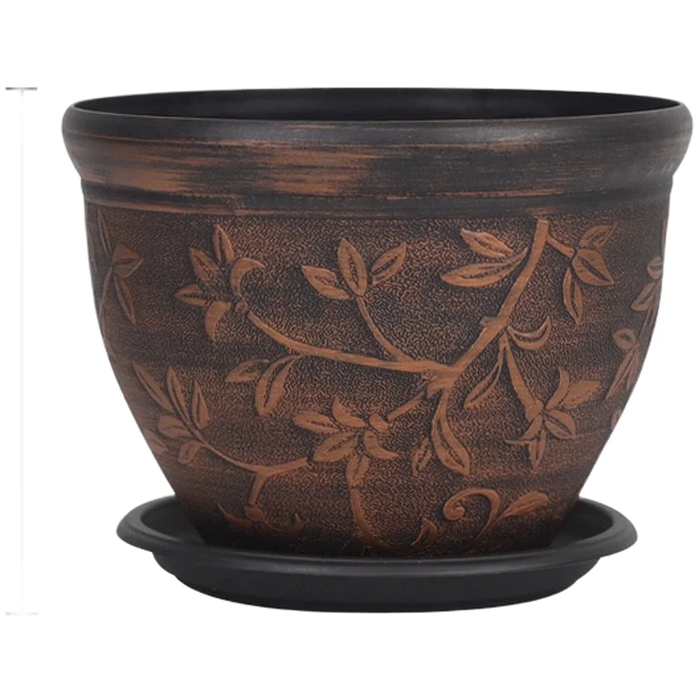 pots fleurs noirs classiques gravures feuilles fleurs plateau drainage visible