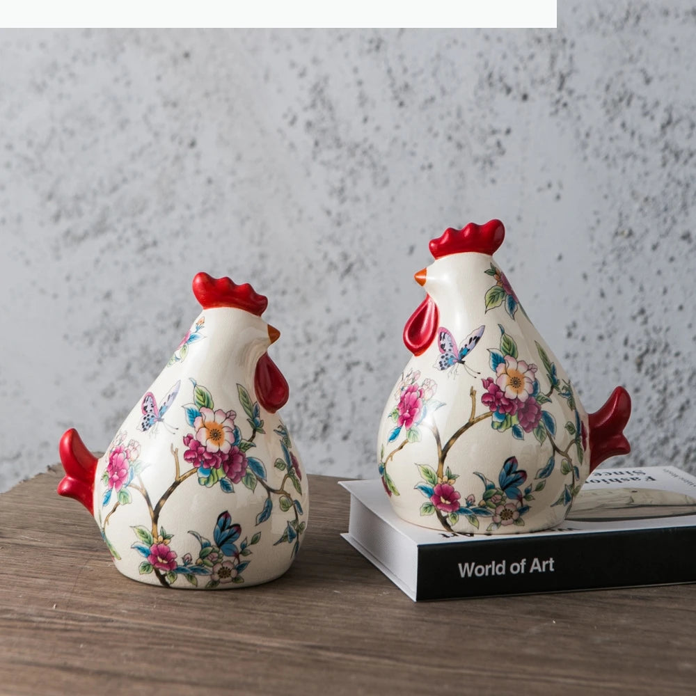 statue artisanale poulet couleur variée fleurs papillons décorative maison blanc rouge bleu verte jaune
