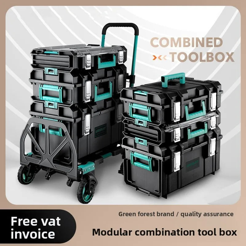 boîte outils modulaire noire verte pratique robuste poignées roulettes empilable grande capacité