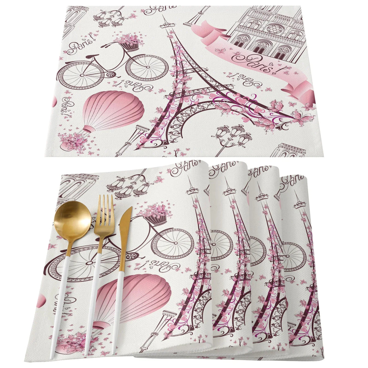 serviettes table imprimées tour eiffel fleurs cerisier moderne rose gris beige