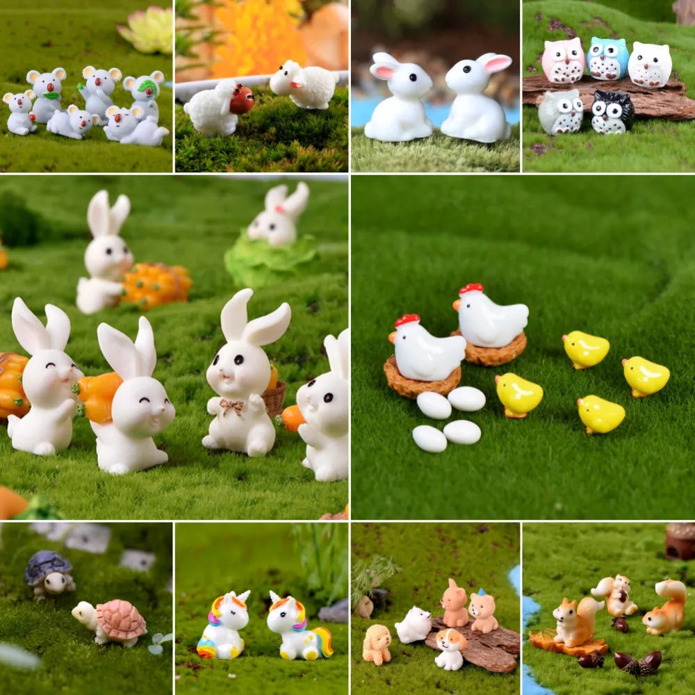 figurines animaux miniatures résine décorations jardin féerique petits lapins oiseaux koalas maison poupée