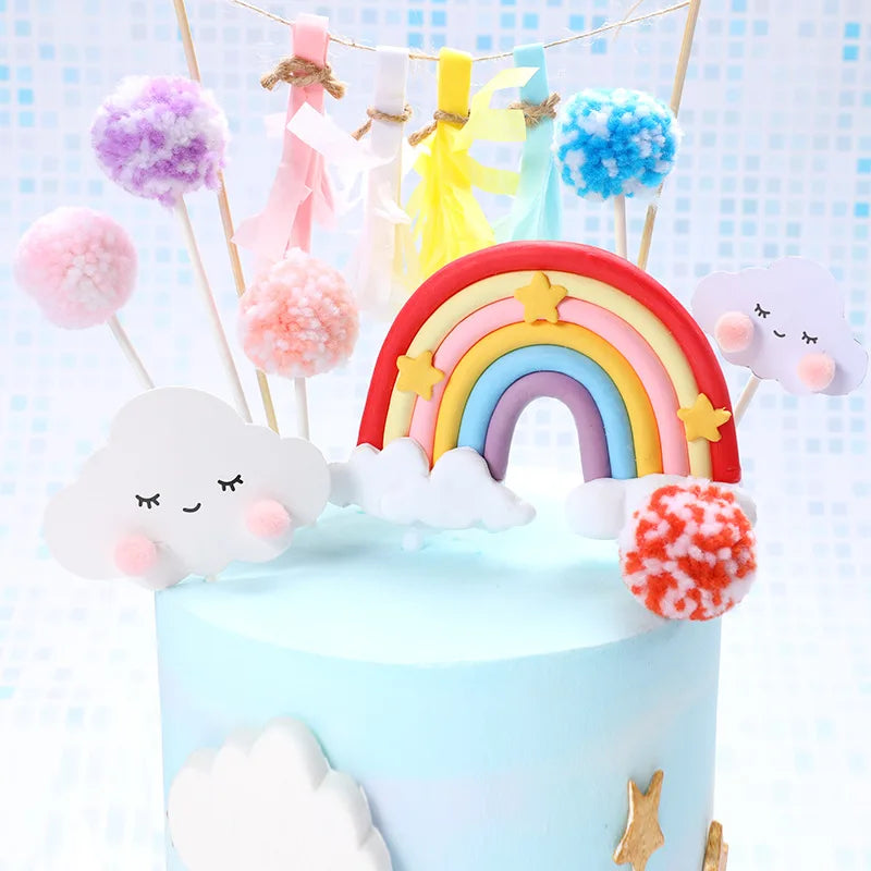 décoration gâteau arc ciel nuages pompons anniversaire enfant fête bébé pastel multicolore résine