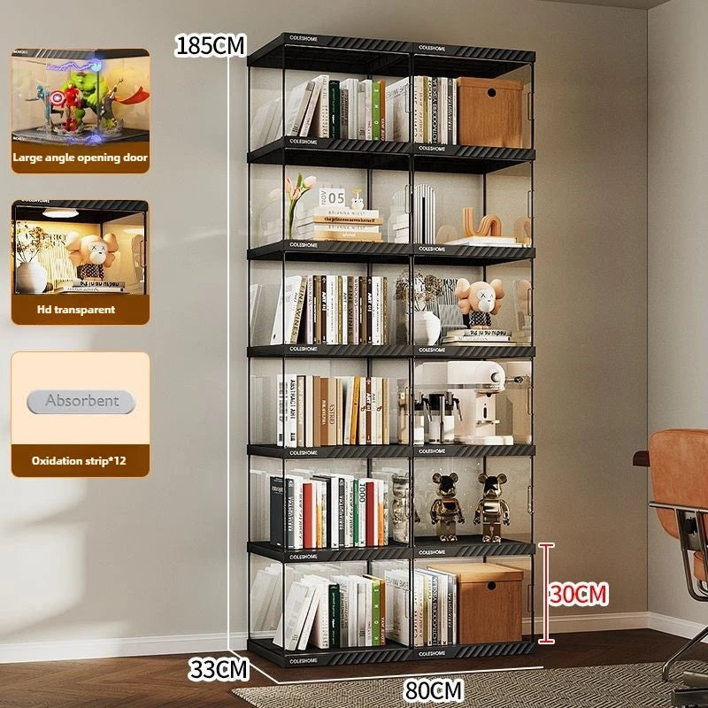 étagère moderne noire verre transparent rangement livres statues vases étages lumière optionnelle