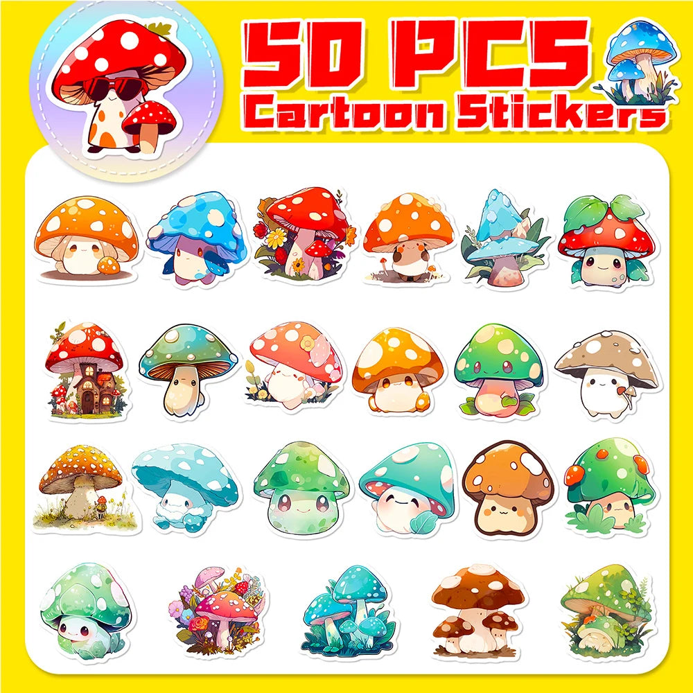 sticker kawaii champignon dessin animé vert bleu orange rouge blanc adhésif collection diy scrapbook