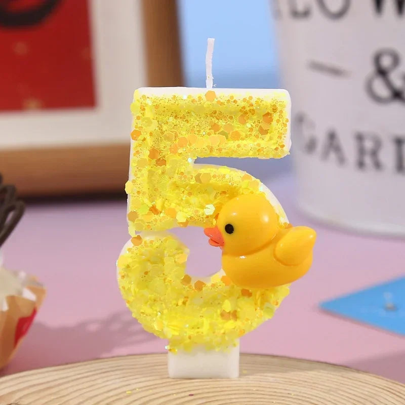 bougies chiffres canard jaune paillettes dorées anniversaire décoration enfantino festive opaques