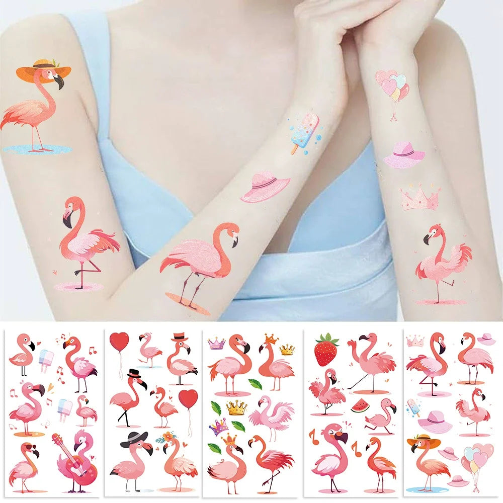 autocollants temporaires flamants roses chapeaux fleurs anniversaire mariage fêtes enfants avril transparents illustration