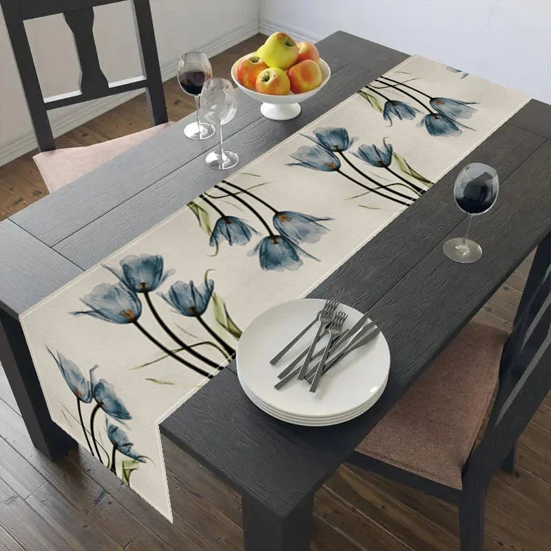 nappe lin bleu beige fleurs tulipes aquarelle moderne table runner déco