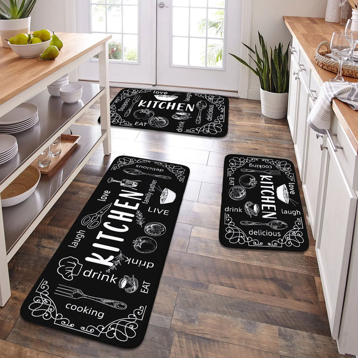 tapis cuisine antidérapant imperméable lettrage cuillères fourchettes texture bois moderne rustique