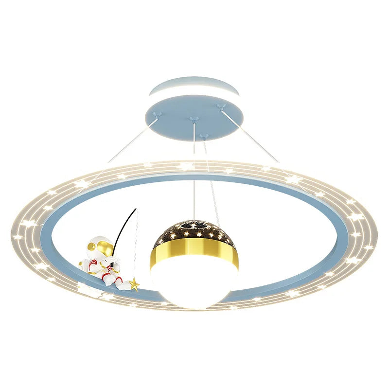 suspension lumineuse moderne astronaute étoiles blanche dorée bleue anneaux concentriques