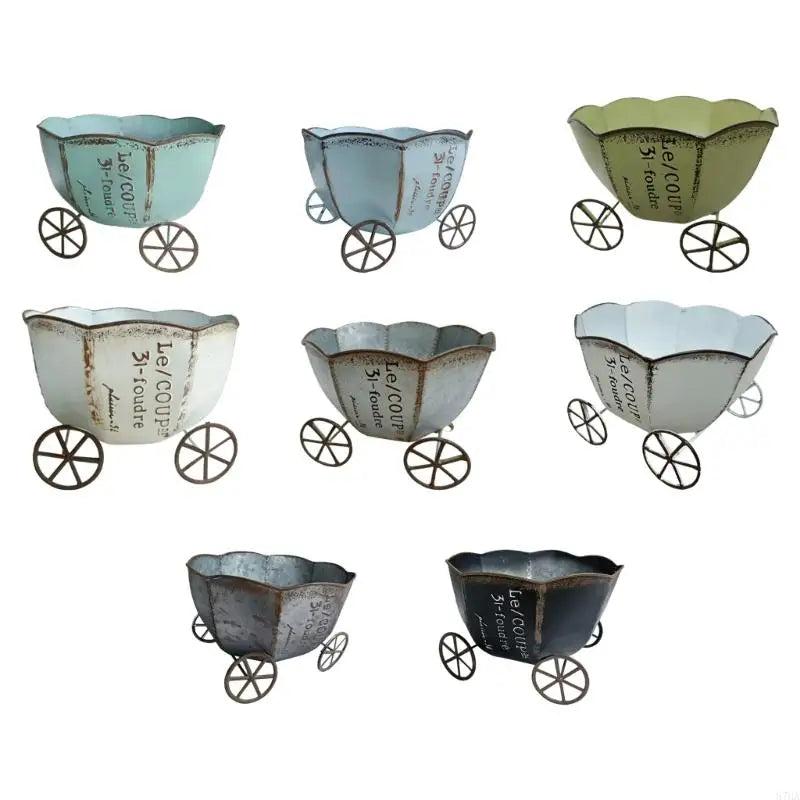 chariot decoratif vintage plante pots fleurs artificielles couleur blanche bleue verte noire